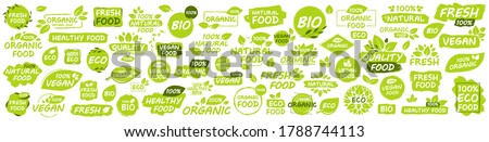 Set of Vegan, Eco, Bio, Organic, Fresh, Healthy, 100 percent, natural food. Natural product. Collection of 60 emblem, cafe, badges, tags, packaging. Vector illustration.