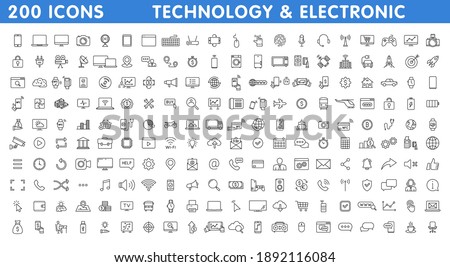 Big set of 200 Technology and Electronics and Devices web icons in line style. Device, phone, laptop, communication, smartphone, ecommercem, network, business, media. Vector illustration.