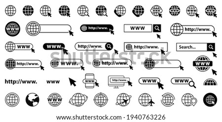 Set of www, globe and search bar elements. Globe with cursor icons, browser bar, WWW, mouse cursir, search. Vector illustration.