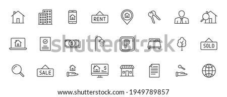 Set of 24 Real Estate web icons in line style. Rent, building, agent, house, auction, realtor. Vector illustration.