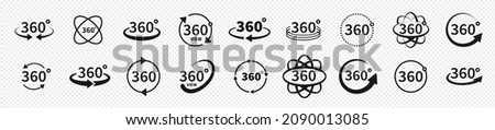 Set of 360 degree views of vector circle icons set isolated from the background. Signs with arrows to indicate the rotation or panoramas to 360 degrees. Vector illustration.