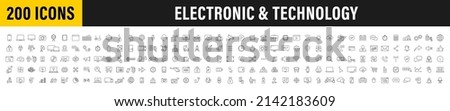 Set of 200 Technology and Electronics and Devices web icons in line style. Device, phone, laptop, communication, smartphone, ecommerce. Vector illustration.