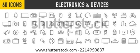 Set of 60 Device and technology web icons in line style. Computer monitor, smartphone, internet, network, programming, tablet and laptop collection. Vector illustration.	