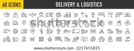 Set of 60 Delivery and logistics web icons in line style. Courier, shipping, express delivery, warehouse, truck, scooter, container, tracking order, support, business collection. Vector illustration.	