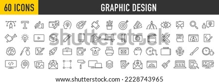 Set of 60 Graphic design web icons in line style. Icons for graphic designer, creative package, stationary, software, creativity, tools, drawing, collection. Vector illustration.