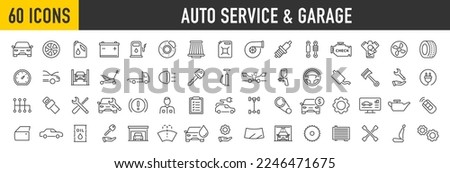 Set of 60 Auto service and garage web icons in line style. Car, automobile, wash, shop, oil, maintenance, engine, diagnostic, rapair, tire. Vector illustration.