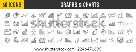 Set of 60 graph and charts web icons in line style. Graphics, infographic, statistics, data, diagrams, economy reduction, finance, down or up arrow, business, increase, decrease. Vector illustration.	