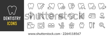 Dentistry web icon set in line style. Dentist, dental,  dental treatment, prosthetics, teeth whitening, implant, braces, collection. Vector illustration.