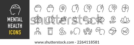 Mental health web icon set in line style. Depression, psychotherapy, psychological, bipolar, negative thinking, obsession, collection. Vector illustration.	