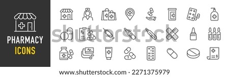 Pharmacy web icon set in line style. Medical preparations, equipment, drug, pills, health, pharmacist, masks, collection. Vector illustration.