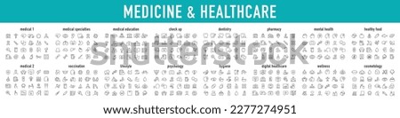 Set of 400 Medical and Healthcare web icons in line style. Medicine, check up, doctor, dentistry, pharmacy, lab, scientific discovery, collection. Vector illustration. Imagine de stoc © 