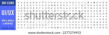  Set of 300 Interface ui, ux web icons in line style. User, profile, message, mobile app, document file, social media, button, home, chat, arrow, collection. Vector illustration.
