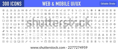 Set of 300 Interface ui, ux web icons in line style. User, profile, message, mobile app, document file, social media, button, home, chat, arrow, collection. Vector illustration.