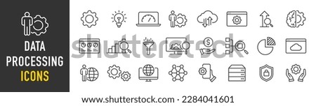 Data Processing web icons in line style. Analytics, gear, network, statistic, filter, diagrams, technology. Icon collection. Vector illustration.