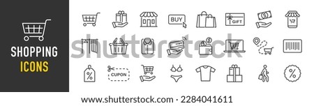 Shopping web icons in line style. Online shop, digital marketing, delivery, coupon, discount, bank card, gift, shop collection. Vector illustration.	