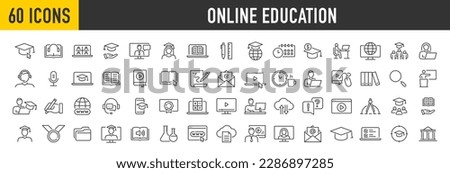 Set of 60 Online Education and E-learning web icon set in line style. E-book, video tutorial, mentor, distance learning, video and audio courses, collection. Vector illustration.