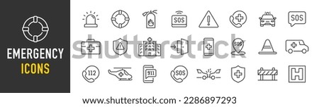 Emergency web icons in line style. Evacuation, SOS emergency call, ambulance, help, emergency hotline, exit, collection. Vector illustration.