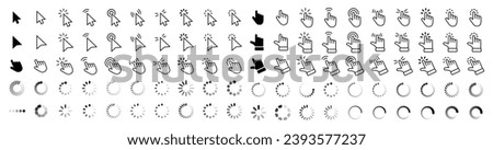 Computer mouse click cursor gray arrow icons set and loading icons. Cursor icon. Vector illustration. Mouse click cursor collection.