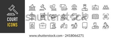 Court web icons in line style. Investigation, law, judgment, criminal, authority, court legal, related nailing, justice, prison. Vector illustration.