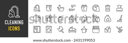 Cleaning web icons in line style. Dusting, cleaning, vacuuming, washing, changing, organizing. Vector illustration.