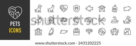 Pets web icons in line style. Dog, cat, rabbit, hamster, bird, bone, pets, vet help. Vector illustration.