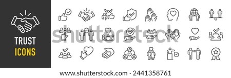 Trust web icons in line style. Integrity, confidence, reliability, credibility, empathy, friends collection. Vector illustration.