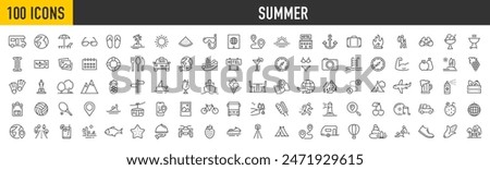 Set of 100 Summer icons. Vacation and beach web icons in line style. Travel, holiday, tourism, hotel, passport, maps, landscape, camera. Icon collection. Vector illustration.