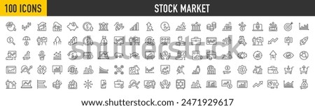 Set of 100 Stock Market web icons in line style. Investment, finance, table, bear, bull, stock exchange, profits, trading, growth ,collection. Vector illustration.