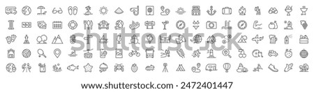 Set of 100 Summer icons. Vacation and beach web icons in line style. Travel, holiday, tourism, hotel, passport, maps, landscape, camera. Icon collection. Vector illustration.