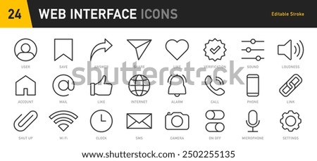 Interface ui, ux web icons in line style. User, profile, message, mobile app, document file, social media, button, home, chat, arrow, collection. Vector illustration.	