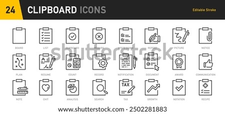 Clipboard web icons in line style. Checklist, report, petition, survey, collection. Vector illustration.	