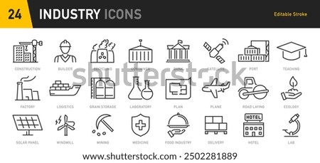 Industry web icons in line style. Mass production, manipulator, factories, mine, collection. Vector illustration.	