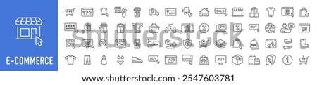 E-Commerce web icons in line style. Online shopping, digital marketing, delivery, coupon, shop, discount, bank card, gifts, shop collection. Vector illustration.