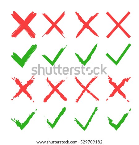 Red cross and green tick vector set. Yes and No icons for websites and applications. Right and Wrong signs isolated on white background. Mark X and V in a flat style. - stock vector