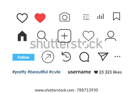 Set of social media icons like, follower, comment, home, camera, user, search. Vector illustration.