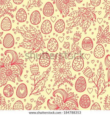 Easter eggs and flowers yellow seamless pattern