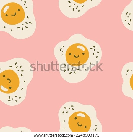 Smiling sunny-side up eggs seamless pattern. Funny vector shapes on pink background. Backdrop with cartoon color icons for design and animations.