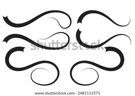 Set of Swoosh and swoop underline typography tails shape in flat styles. Swoosh line vector, underline swish, stroke swash swirl, Brush drawn curved smear. Hand drawn curly swishes, swash, twiddle.