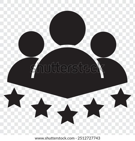 Set of customer review icons. Business client symbol, people group with five stars. Customer satisfaction signs. Grade, achievement, rating. Customer experience or 5 star satisfaction rating icon.