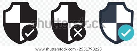 Shield check mark icon or security shield protection icon with tick symbol. Set of security shield icons, security shields logotypes with check mark. eps 10.