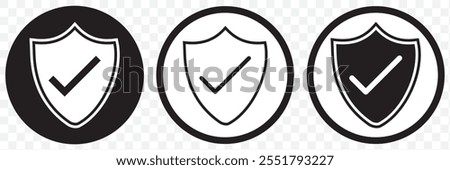 Shield check mark icon or security shield protection icon with tick symbol. Set of security shield icons, security shields logotypes with check mark. eps 10.