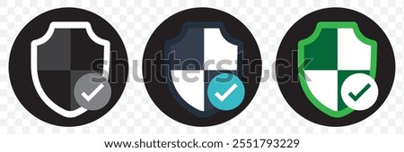 Shield check mark icon or security shield protection icon with tick symbol. Set of security shield icons, security shields logotypes with check mark. eps 10.