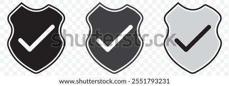 Shield check mark icon or security shield protection icon with tick symbol. Set of security shield icons, security shields logotypes with check mark. eps 10.