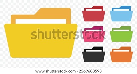 computer open data folder vector icon set in black, yellow and blue color. desktop save file ui symbol. information document organize folder sign. eps 10.