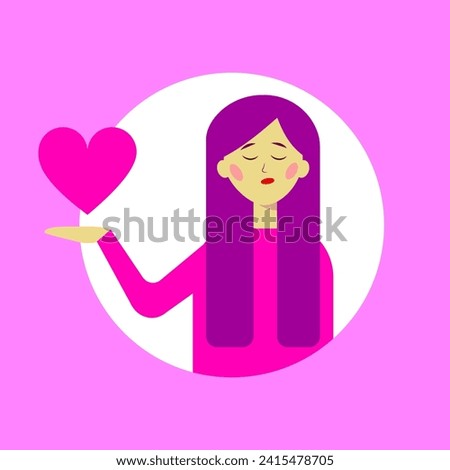 A girl with purple hair holds heart in her hand. Flat vector illustration.