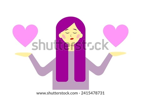 A girl with purple hair holds hearts in her hands. Flat vector illustration.