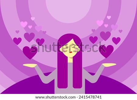 A girl with purple hair holds hearts in her hands. Flat vector illustration.