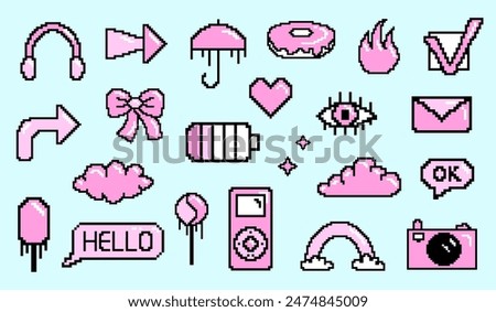 Girly cute pink element set, pixel art 8 bit. Game icons. Vector illustration.