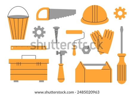 Set of construction tools on a white background. Flat vector illustration.