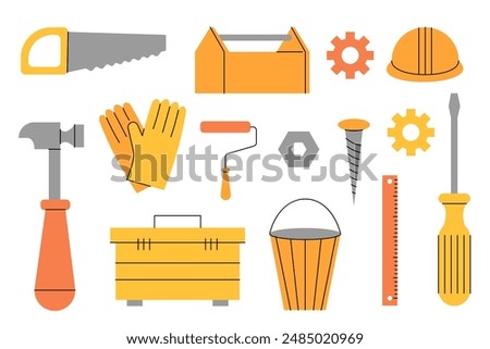 Set of construction tools on a white background. Flat vector illustration.